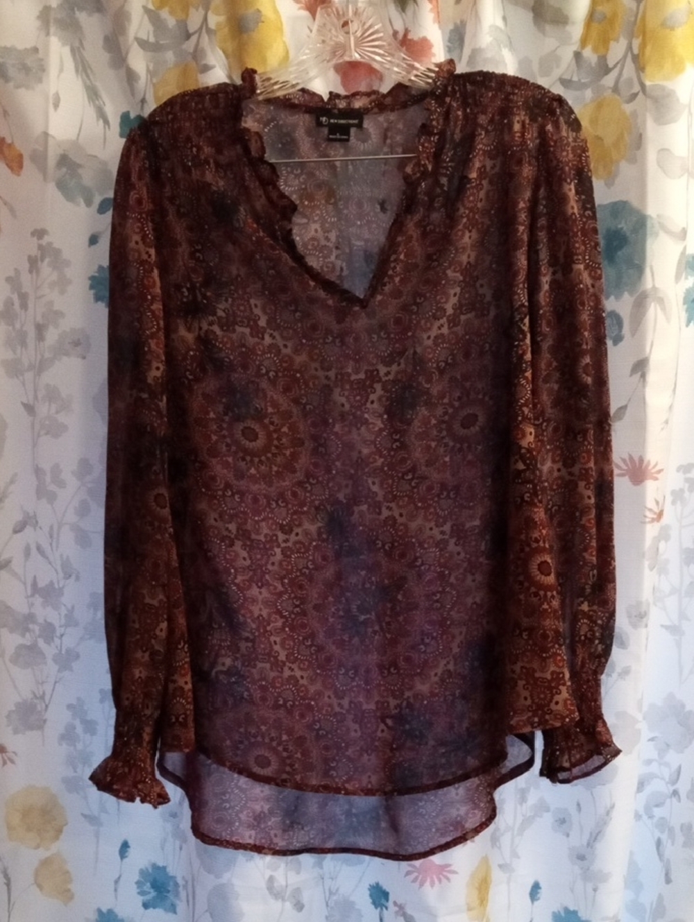 Semi-Sheer Paisley Ruffle V-Neck Blouse - Brown